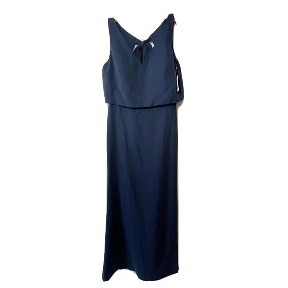 Jenny Yoo JY Womens Crepe Overlay Bow Back Bridesmaids Dress Navy 8 V-Neck JY540 - Picture 1 of 9